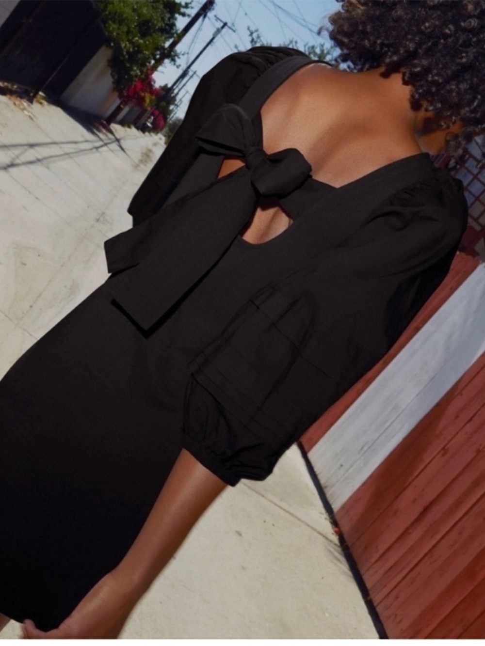 Nation LTD Calissa Black Puff Sleeve Mini Dress Tie Back Size L - Picture 2 of 11